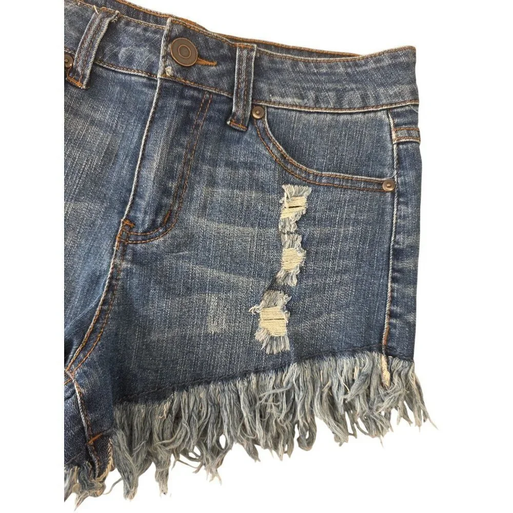 Elan Distressed Denim Shorts Women M Blue Fringe Hem Cutoff Jean Shorts NEW